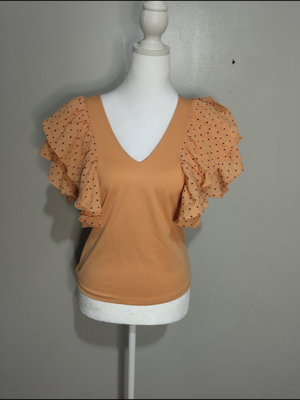 V-Neck Ruffle Sleeve Blouse in Peach with Polka Dot Accents